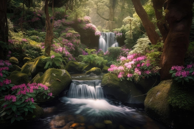 Oásis florestal com cascata e flores desabrochando