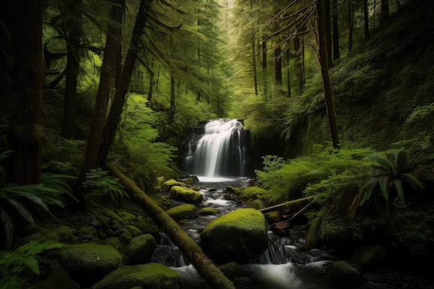 Oasis forestal con arroyo y cascada rodeados de vegetación