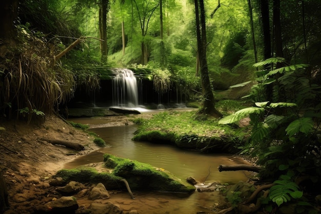 Oasis forestal con cascada y arroyo rodeado de vegetación