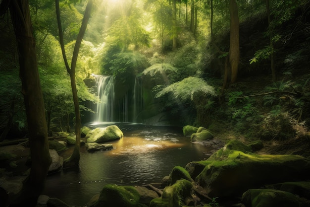 Oasis forestal con cascada rodeada de vegetación y luz solar