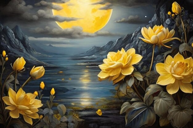 Oásis iluminados pela lua Luz mística da lua e toque floral amarelo