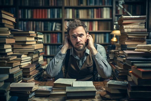 Foto el oasis intelectual un adulto inteligente erudito perdido entre las interminables estanterías de la biblioteca ar 32