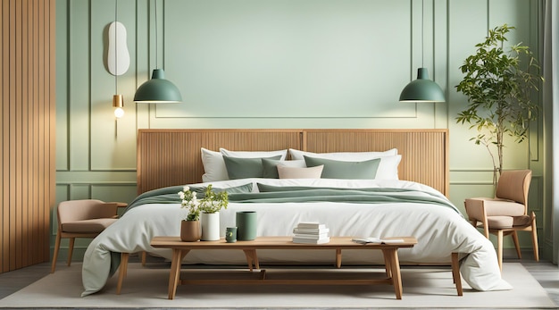 Un oasis interior acogedor completo con una acogedora cama y una elegante mesa adornada con delicadas lámparas que desprenden lujo y comodidad en una sofisticada suite de dormitorio