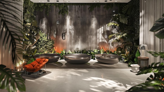 Un oasis interior con una cascada y exuberante vegetación