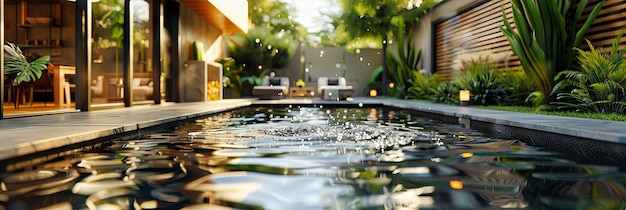 Oasis de jardín con una característica de agua Un enfoque de lujo para la vida al aire libre que mezcla la naturaleza con el paisajismo artístico