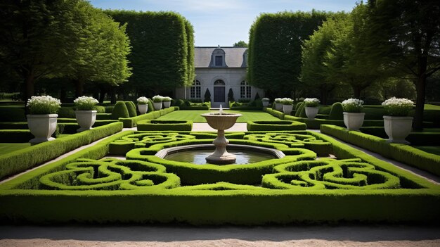 Un oasis de jardín sereno con una fuente rodeada de exuberantes setos