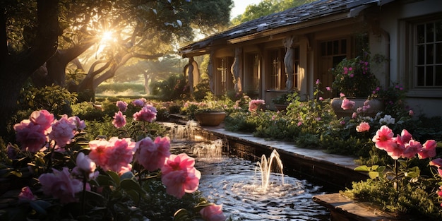 Un oasis de jardín tranquilo con burbujas de fondo