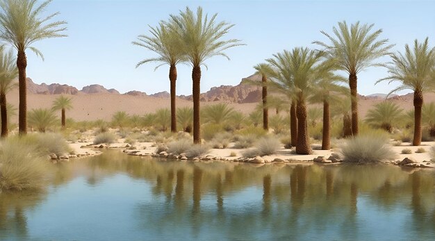 Foto oasis en medio del desierto con palmeras y cielo azul