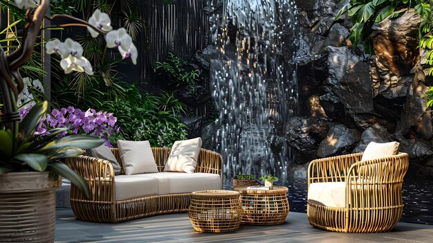 Oasis de muebles de ratán elegante salón de jardín rodeado de orquídeas y una cascada en cascada