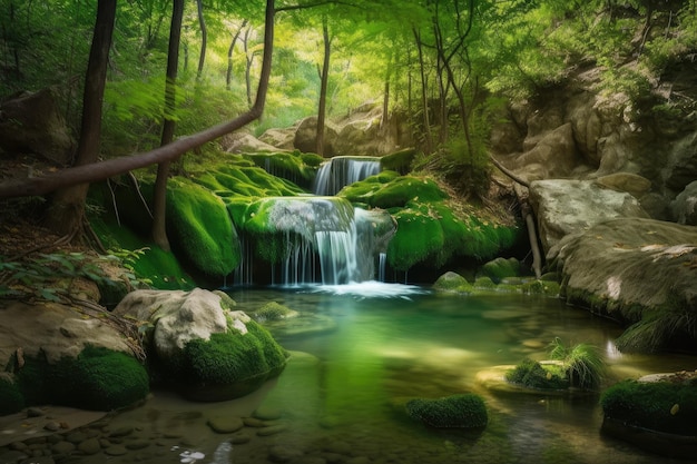 Oásis na floresta com cachoeira e riacho cristalino