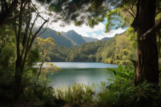Oásis na floresta com vista para um lago tranquilo e montanhas imponentes ao fundo