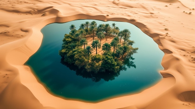 Foto oásis no deserto com palmeiras e um lago tranquilo cercado por dunas de areia que simbolizam um idílico