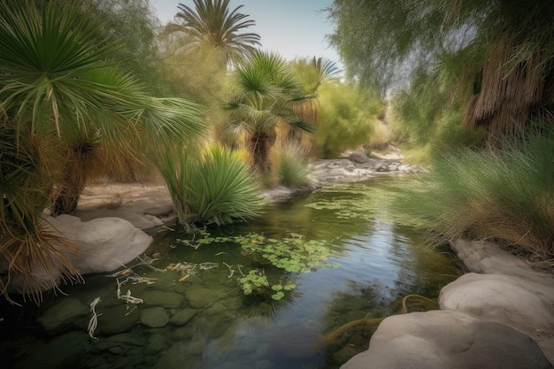 Foto oásis no deserto com riacho fluindo e folhagem exuberante criada com ia generativa