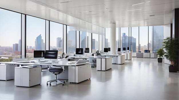 Un oasis de oficina moderno donde el minimalismo se une a la innovación y los paisajes urbanos inspiran productividad