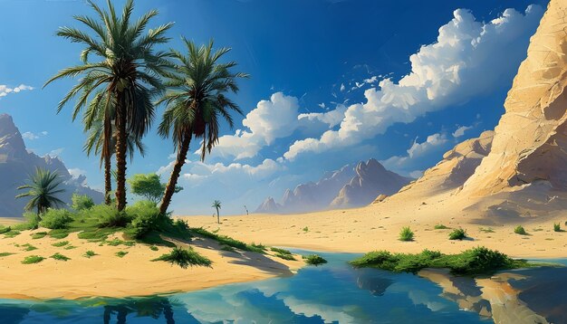 Oasis con palmeras de dátiles y dunas de arena en un paisaje desértico pacífico