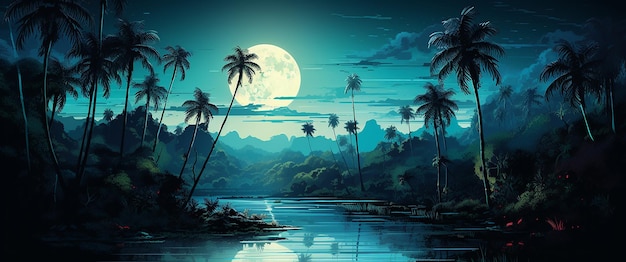 Foto oasis de palmeras iluminadas por la luna junto al río por la noche