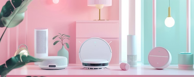 Oasis pastel 3D con altavoces inteligentes renderizados con arcilla, robot aspirador y aire acondicionado portátil