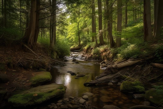 Oasis de paz en el bosque con un arroyo balbuceante y árboles altísimos