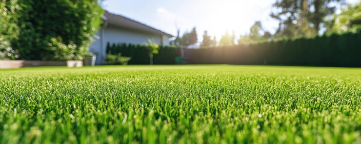 Oasis suburbano sereno patio trasero vibrante con césped recién cortado en un día soleado
