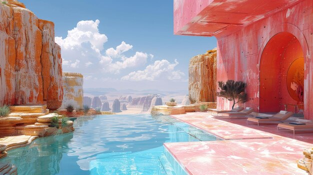 Oásis surrealistas do deserto com arquitetura rosa vibrante