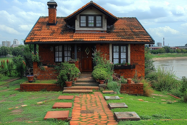 Foto oásis tranquilo casa de tijolos vermelhos telhado de telhas vermelhas com passarela e gramado verde