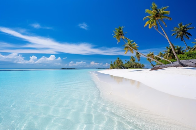 Oasis tranquilo en las Maldivas con una impresionante playa de arena blanca a la sombra de las palmeras y la presencia relajante del océano a lo largo de la pintoresca costa