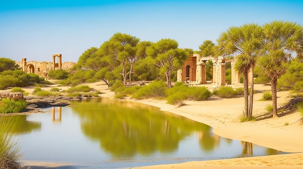 Un oasis tranquilo rodeado de dunas de arena y ruinas antiguas