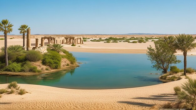 Un oasis tranquilo rodeado de dunas de arena y ruinas antiguas
