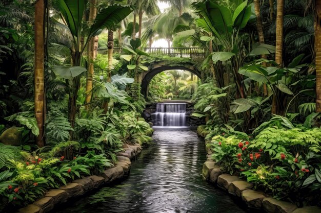 Oásis tropical exuberante com palmeiras e cachoeiras em cascata IA generativa