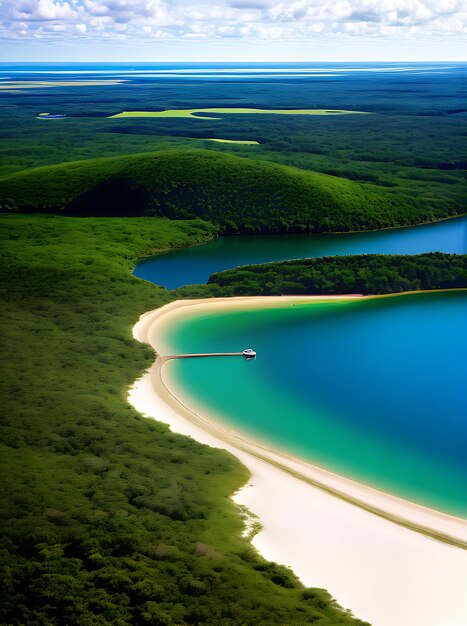 Oasis tropical del lago visto desde arriba con detalles realistas y una paleta de colores neutros con una variedad de aves vibrantes Generativa AI Generada