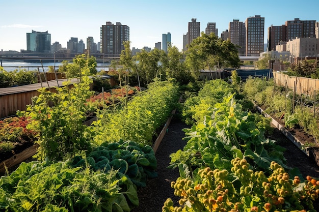 Foto oásis urbano jardim comunitário próspero no horizonte da cidade