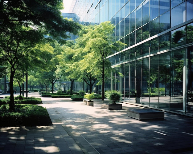 Oasis verde en la ciudad Moderno edificio de oficinas con frondosos árboles en primer plano