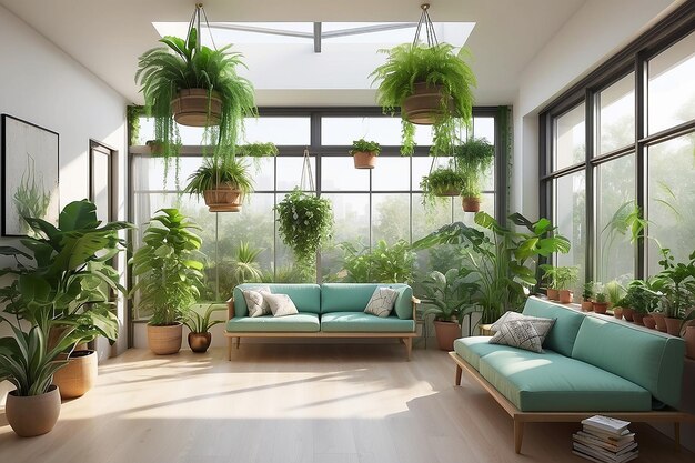 Foto oásis verde projetar um jardim interior com plantas penduradas e luz natural