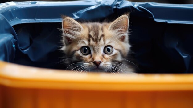 Obdachlose hungrige Katze, die im Freien in einem Müllcontainer ausspäht