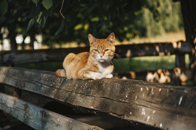 Foto obdachlose, verlassene, streunende rote katze auf der bank