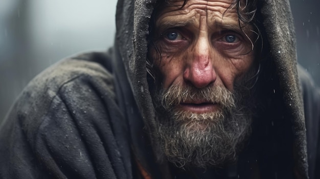 Obdachloser armer Mann weint Porträt Nahaufnahme Wirtschaftliche Rezession Arbeitslosigkeit Armut Hunger Ruhestand globale Krise Ungleichheitsproblem