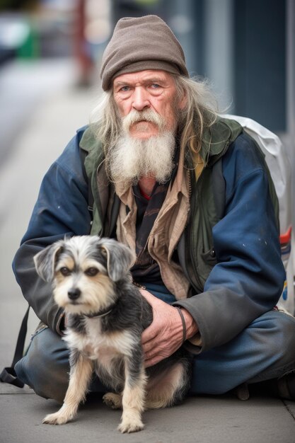 Obdachloser sitzt mit seinem Hund auf dem Bürgersteig, erstellt mit generativer KI