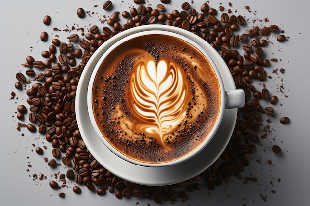 Oben Draufsicht auf eine Tasse Latte-Art-Kaffee, umgeben von rohen Kaffeebohnen auf weißem Hintergrund