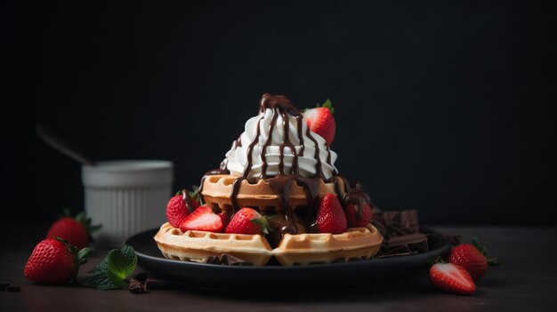 Oben eine Waffel mit Erdbeeren und Schokolade, rechts eine Schüssel Pralinen.