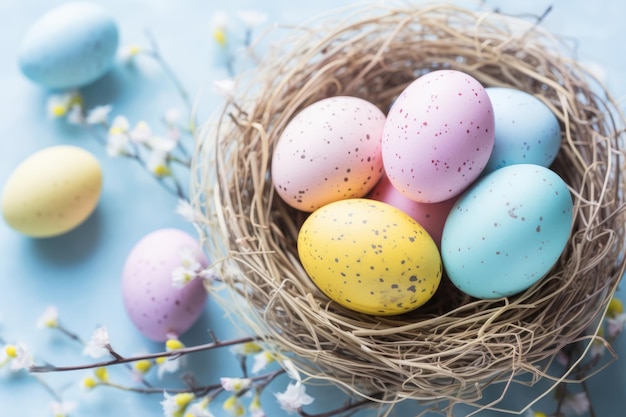 Oben sehen Sie Ostereier im Nest und weiße Gypsophila-Blüten