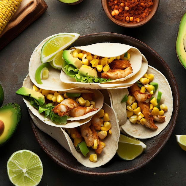 Oben weiche Tacos mit Hühnermais, Avocado und Limette