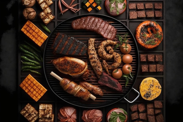 Obenliegendes Foto eines Grills mit dem Fleisch, das ordentlich auf dem Grill als Knolling angeordnet ist