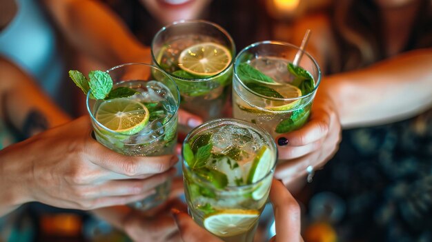 Oberes Bild eines Cocktailbar-Restaurants mit eifrigen Frauenhänden, die Mojito-Gläser halten. Generative KI