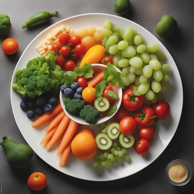 Oberes Foto eines Diät-Salattellers im Hintergrund mit verschiedenfarbigen Obst- und Gemüsescheiben