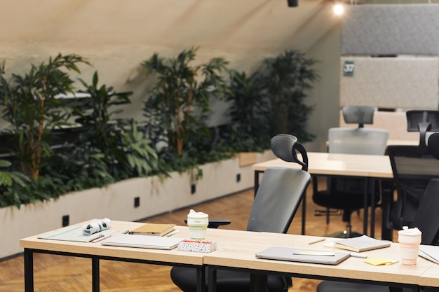 Oberflächenbild eines modernen, mit Pflanzen dekorierten Freiraumbüros, Fokus auf Arbeitsplatz mit Holztisch und ergonomischem Stuhl im Vordergrund, Kopierraum