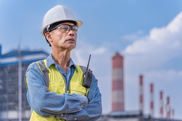 Oberingenieur in Arbeitskleidung mit Stand auf dem Kraftwerksgelände, um sein Projekt zu betreuen