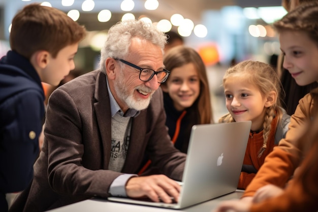 Oberlehrer arbeitet an einem Laptop, umgeben von Schülern mit generativer KI