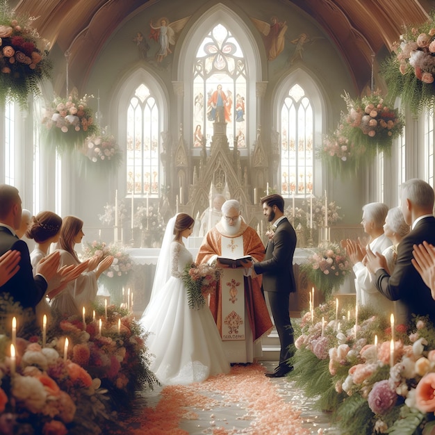 El obispo bendijo solemnemente a los recién casados en la elegante capilla rodeada de flores perfumadas y