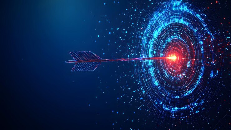 Objetivo digital con flecha que golpea la mira en el diseño futurista