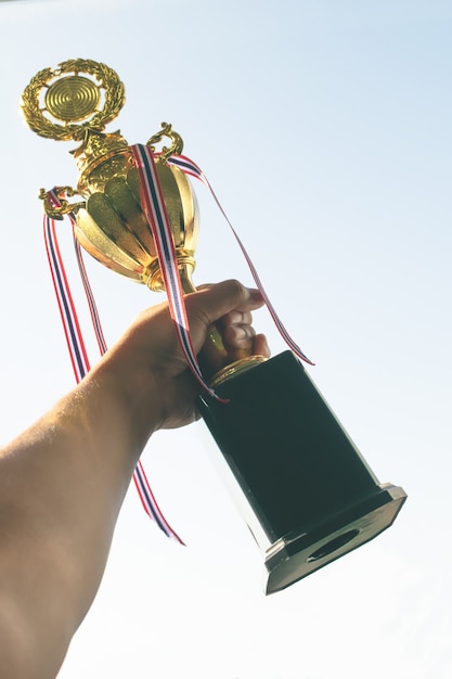 Foto objetivo do sucesso do homem do trabalho e sustentado com o copo de campeão dourado